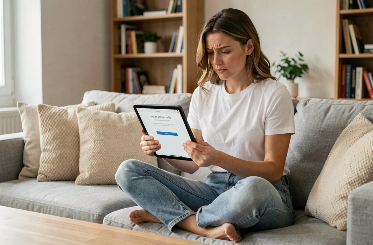 Jeune femme utilisant une tablette pour récupérer l'accès à son compte MyNexity depuis son salon