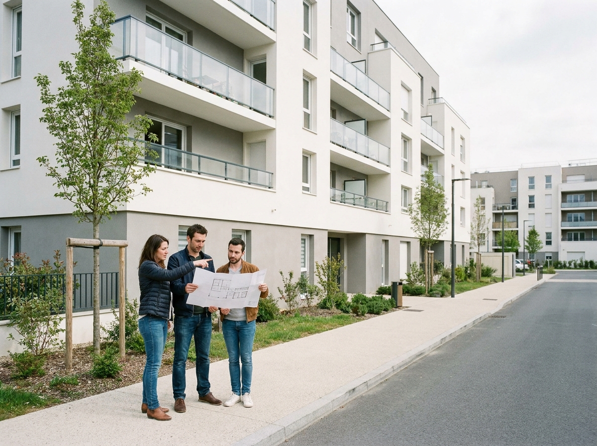Couple examinant des plans devant un immeuble neuf à Choisy-le-Roi en 2026