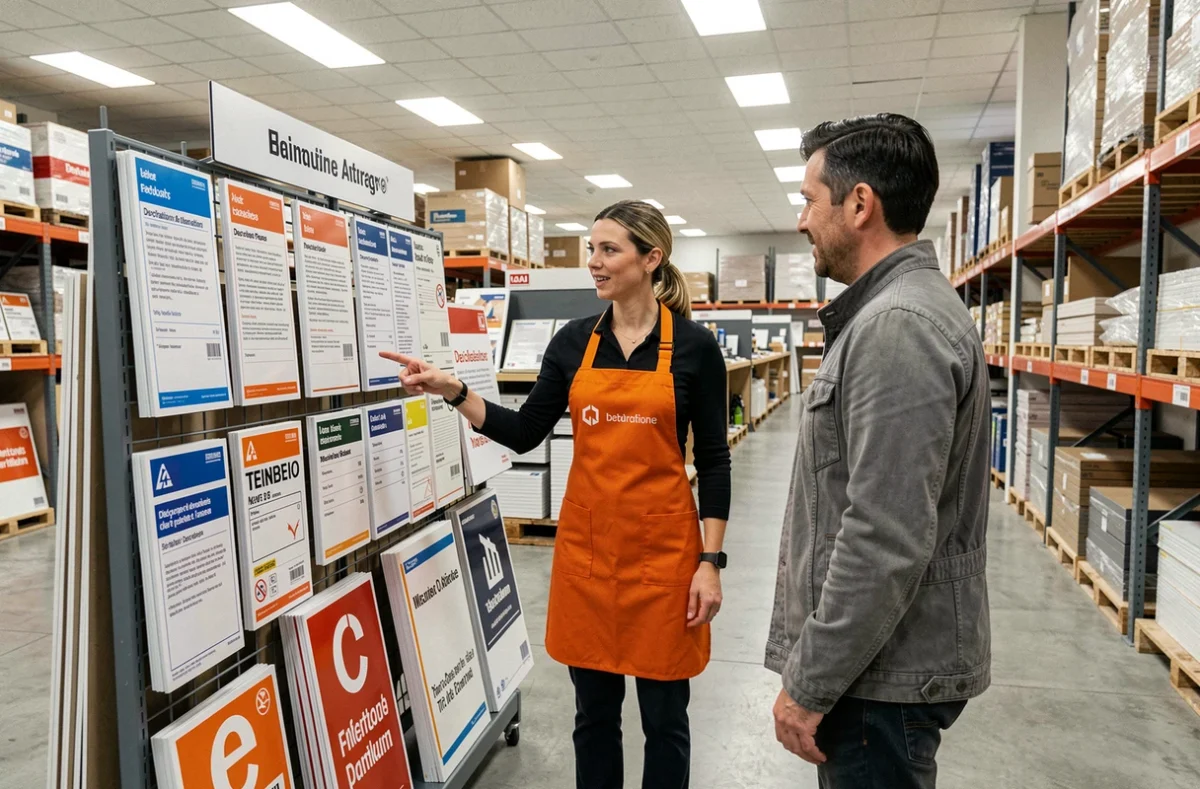 Employée de magasin de bricolage présentant des panneaux de déclaration de travaux à un client