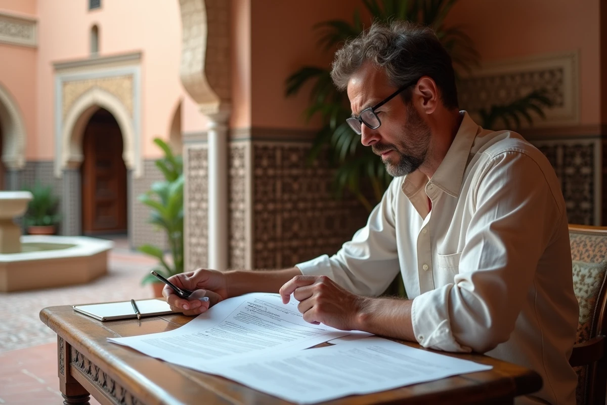 Acheteur français examinant des documents immobiliers dans un riad traditionnel de Marrakech