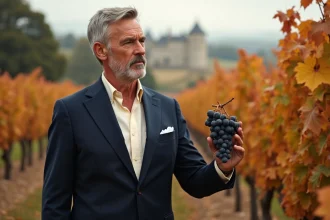 Acheteur potentiel d'un vignoble bordelais examinant des raisins Merlot en AOC Bordeaux lors d'une visite d'évaluation en automne
