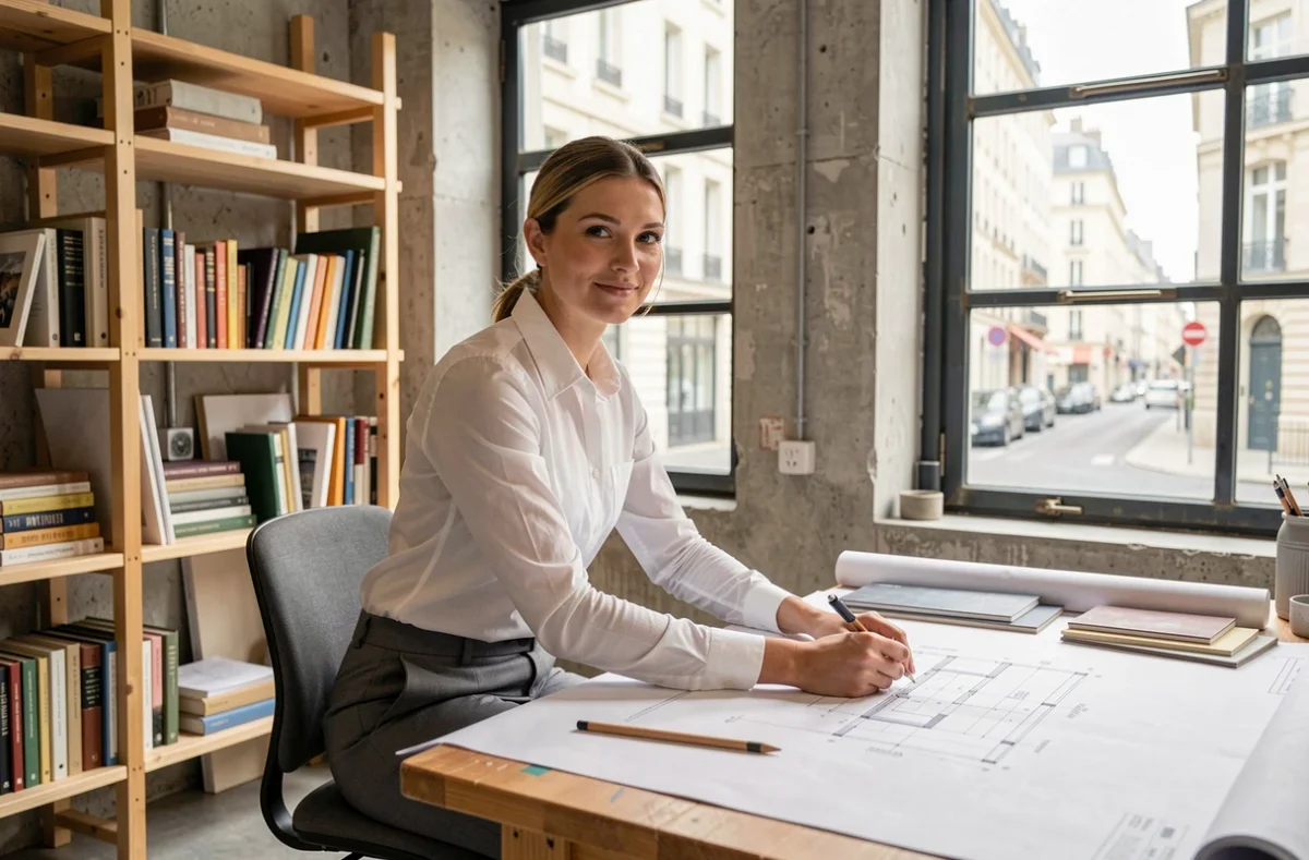 Architecte d'Activ'Archi l'Atelier d'Architecture travaillant sur des plans dans un studio professionnel