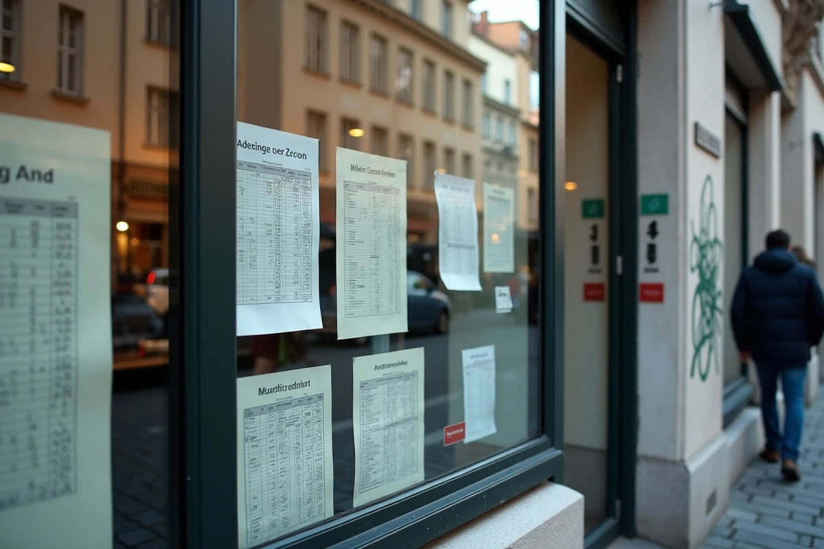 Vitrine d'agence immobilière à Berlin affichant des annonces de location d'appartements en centre-ville