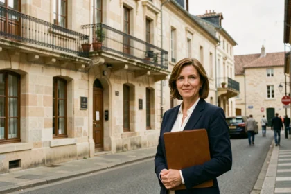Agent immobilier professionnelle devant une façade en tuffeau caractéristique des Pays de la Loire, illustrant le marché immobilier régional