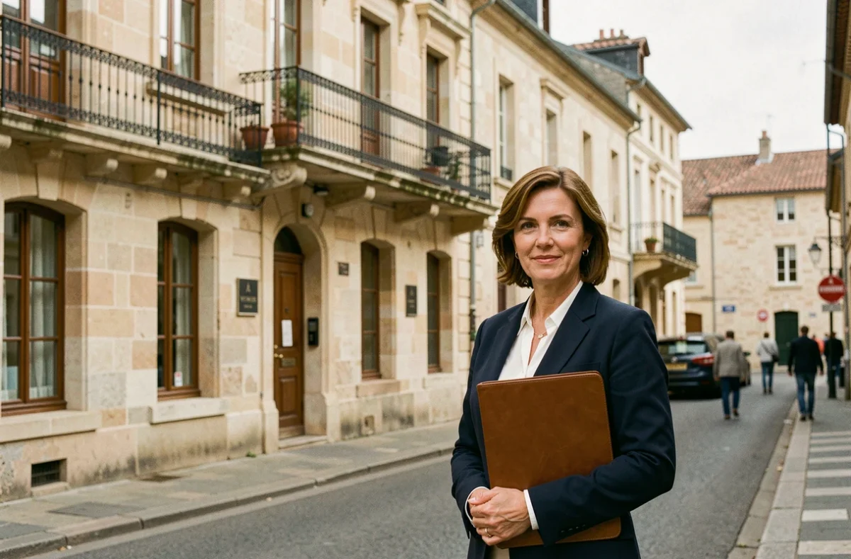 Agent immobilier professionnelle devant une façade en tuffeau caractéristique des Pays de la Loire, illustrant le marché immobilier régional
