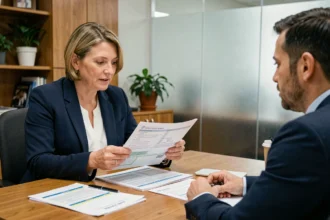 Agente d'assurance et chef d'entreprise examinant un contrat d'assurance multirisque habitation professionnelle dans un bureau