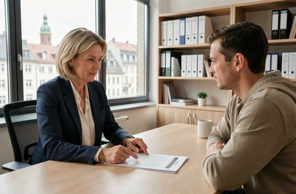 Agent immobilier expliquant les obligations d'assurance habitation à un locataire dans une agence de Strasbourg