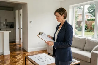 Agent immobilière vérifiant une check-list d'estimation dans un salon moderne avant une mise en vente