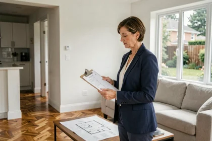 Agent immobilière vérifiant une check-list d'estimation dans un salon moderne avant une mise en vente