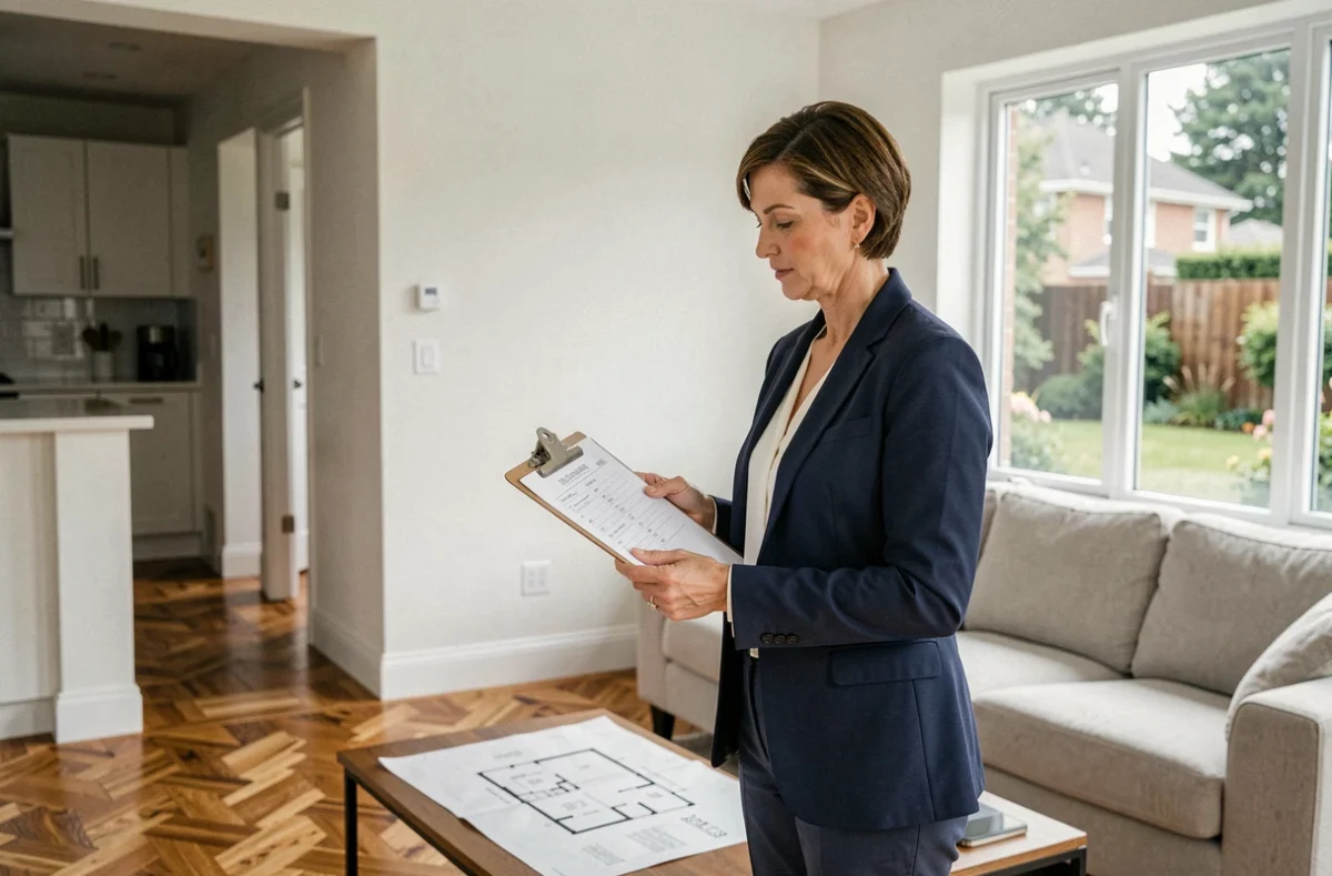 Agent immobilière vérifiant une check-list d'estimation dans un salon moderne avant une mise en vente