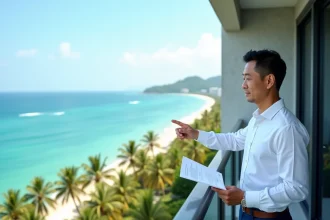 Agent immobilier thaïlandais présentant un condominium en bord de mer avec vue sur l'océan Andaman
