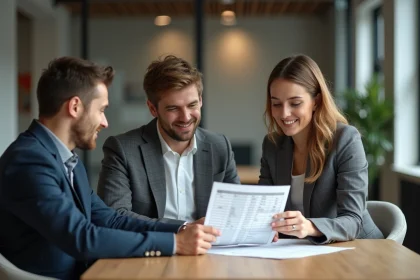 Agent immobilier conseillant un couple dans un bureau moderne