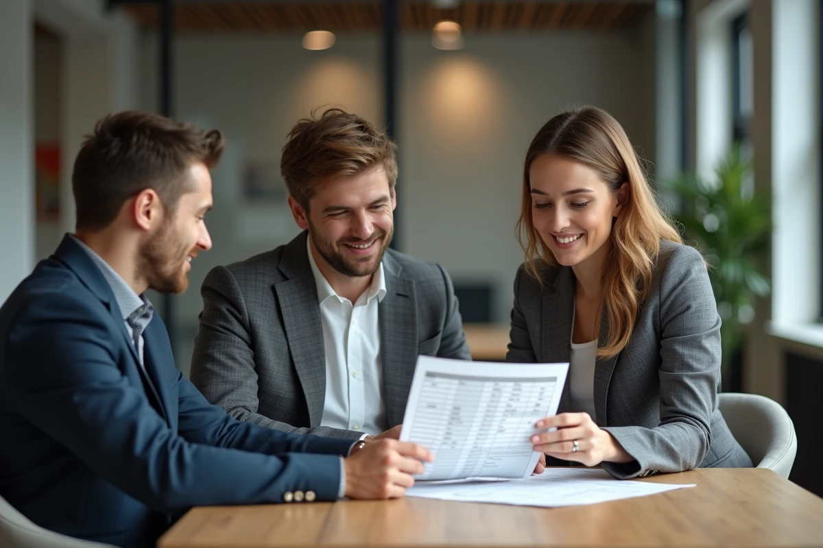 Agent immobilier conseillant un couple dans un bureau moderne