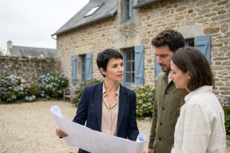 Agent immobilier local en Bretagne conseillant un couple devant une maison en pierre traditionnelle bretonne