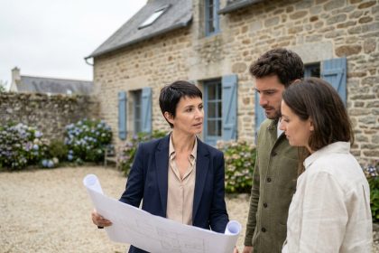 Agent immobilier local en Bretagne conseillant un couple devant une maison en pierre traditionnelle bretonne