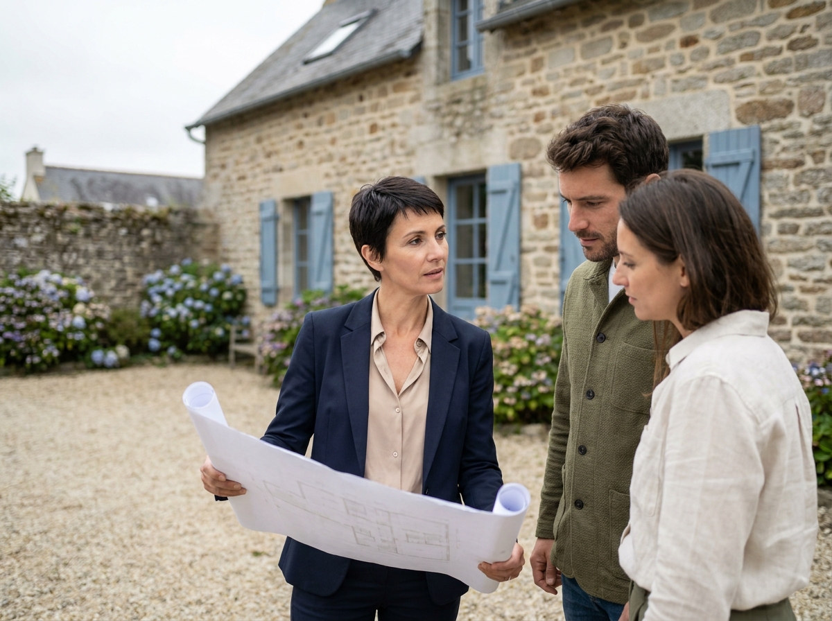 Agent immobilier local en Bretagne conseillant un couple devant une maison en pierre traditionnelle bretonne