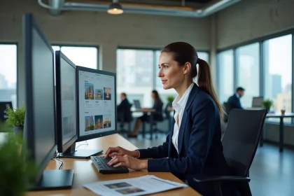 Agent immobilier utilisant le logiciel Moteur Immo sur ordinateur dans un bureau professionnel moderne