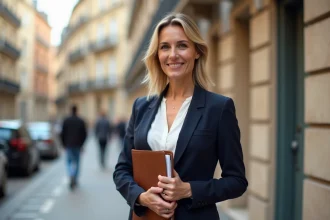 Agent immobilière professionnelle devant un immeuble lyonnais pour vendre rapidement un bien