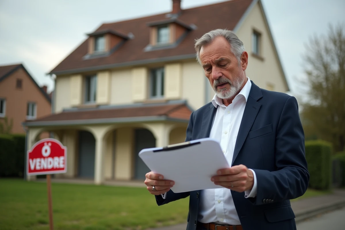 Agent immobilier devant une maison à vendre en urgence en Seine-et-Marne avec panneau de vente dans le jardin