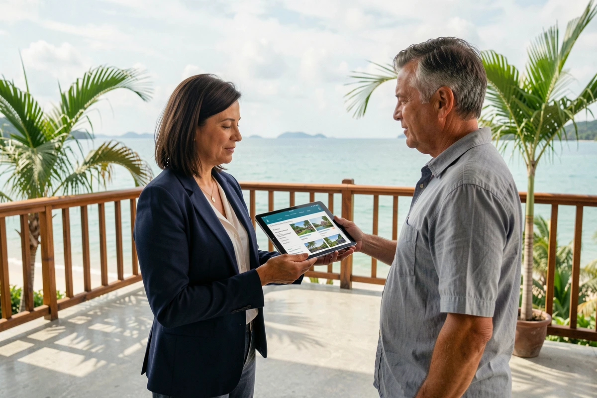 Agent immobilier présentant des biens à vendre en bord de mer à Koh Samui Thaïlande sur une terrasse avec vue sur la mer