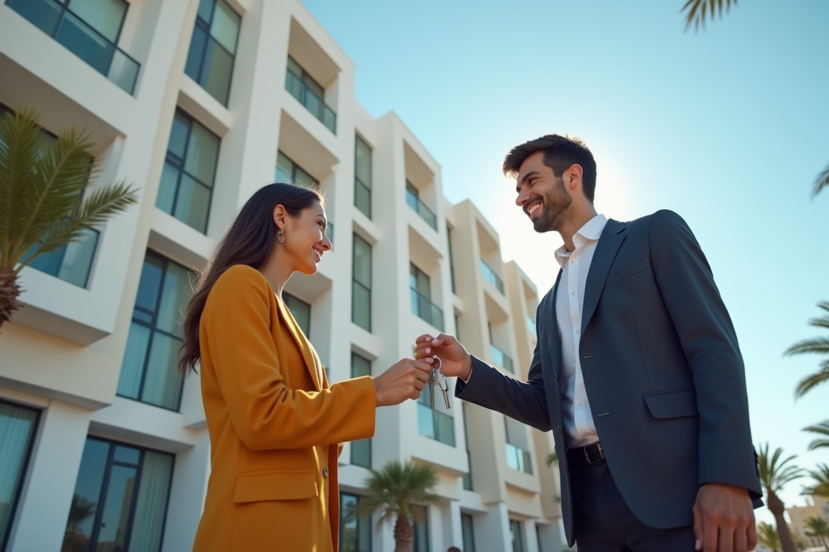 Agent immobilier donnant les clés à un couple devant un immeuble marocain