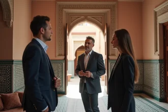 Agent immobilier présentant un appartement de type riad à vendre à Marrakech à un couple d'acheteurs potentiels