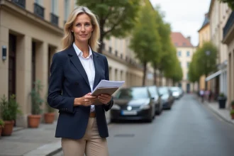 Agent immobilier devant un immeuble de Romans-sur-Isère tenant des fiches de prix du marché immobilier 2026