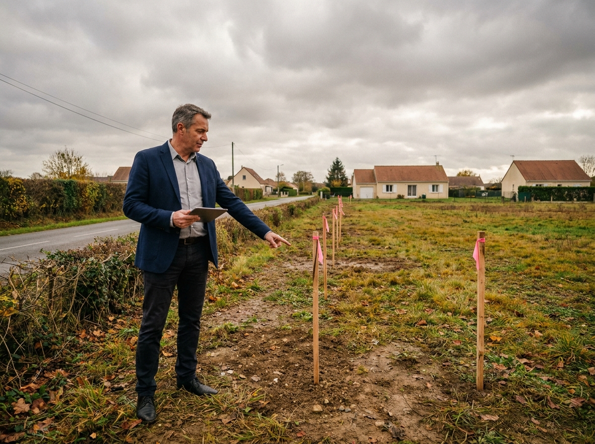 Agent immobilier montrant les bornes d'un terrain constructible en périphérie de Nantes lors d'une visite foncière