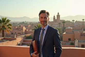 Agent immobilier marocain sur une terrasse avec vue panoramique sur les toits de Marrakech et les montagnes de l'Atlas en arrière-plan