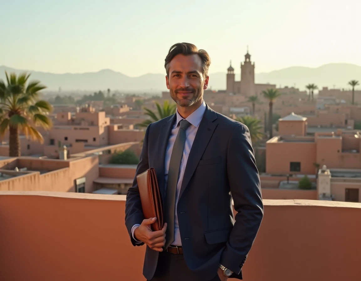 Agent immobilier marocain sur une terrasse avec vue panoramique sur les toits de Marrakech et les montagnes de l'Atlas en arrière-plan