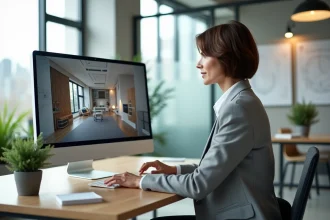 Agent immobilière utilisant un outil de visite virtuelle 360 sur ordinateur dans une agence moderne