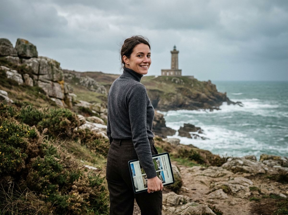 Agent immobilière bretonne sur un sentier côtier du Finistère avec tablette de recherche immobilière et phare en arrière-plan