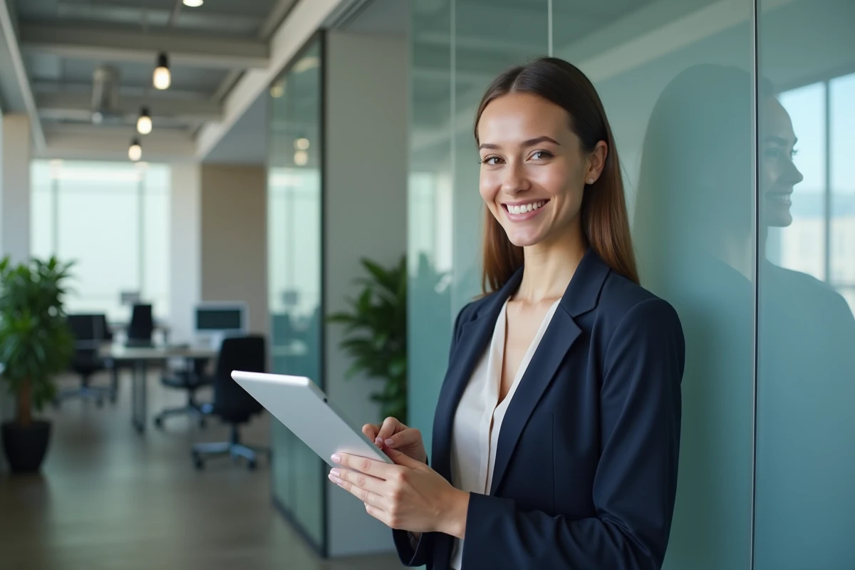 Jeune agente immobilière utilisant une tablette dans un espace de travail moderne