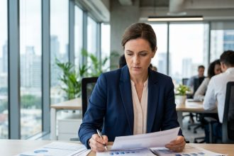 Femme cadre analysant des documents financiers liés aux SCPI Epsicap Nano et Epsicap Explore dans un bureau moderne