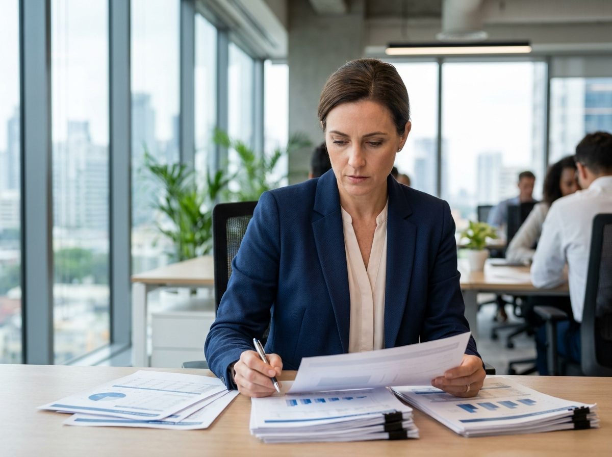 Femme cadre analysant des documents financiers liés aux SCPI Epsicap Nano et Epsicap Explore dans un bureau moderne