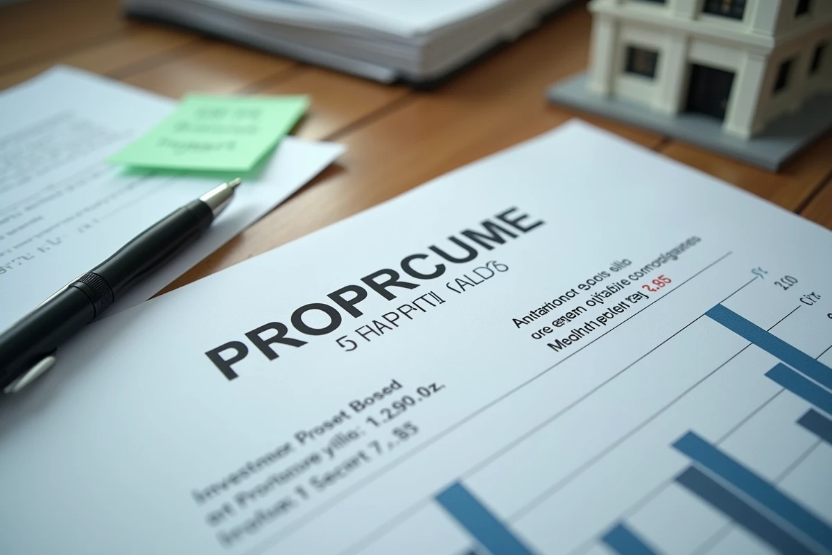 Documents de prospectus d'investissement immobilier Orpi avec calculs financiers et maquette d'immeuble parisien