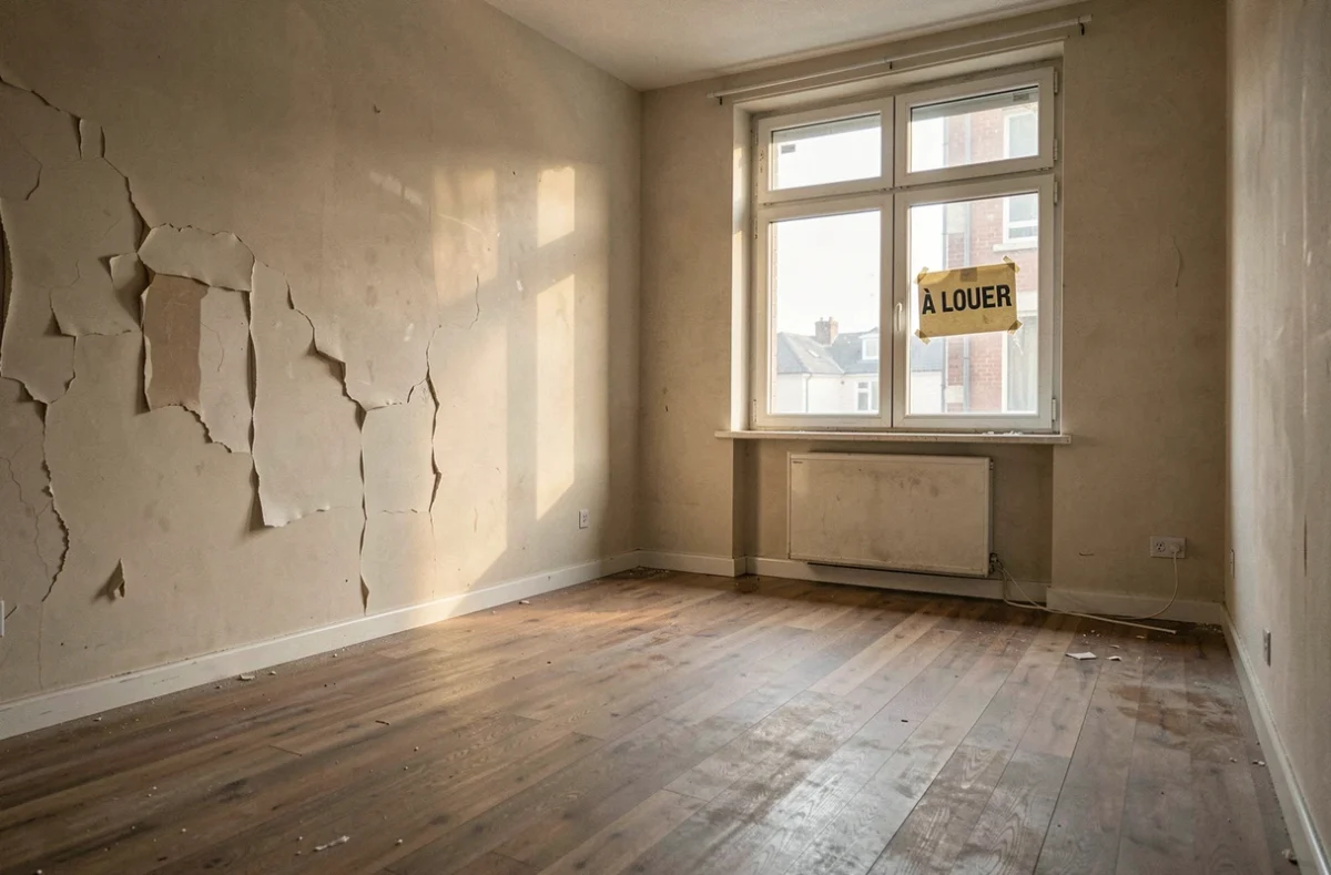 Appartement locatif vide et délabré avec panneau à louer, symbole d'un investissement immobilier en difficulté