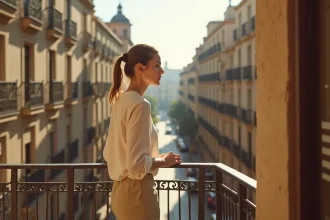 Jeune femme sur un balcon d'appartement dans le quartier Eixample de Barcelone, vue sur les façades typiques de l'architecture catalane
