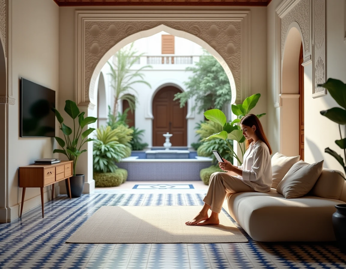 Intérieur d'appartement rénové à Marrakech combinant carrelage zellige traditionnel et design contemporain avec vue sur riad intérieur