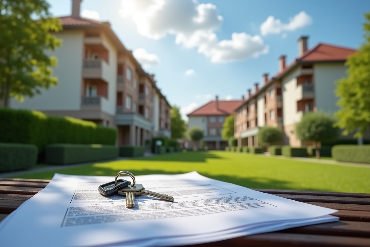 Bâtiment résidentiel avec clés et documents sur un banc en plein jour