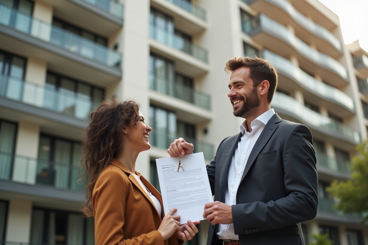 Couple heureux tenant un contrat de location devant un appartement