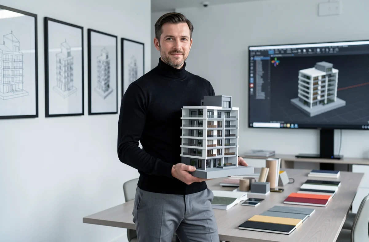 Designer d'Arcanne Design présentant une maquette architecturale dans un studio de conception moderne