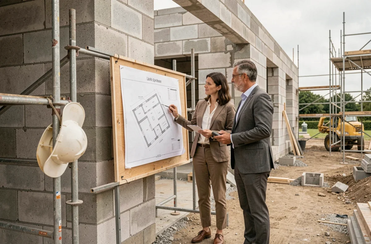 Deux architectes d'Archigroup Société d'Architecture consultant des plans sur un chantier de construction dans la Loire