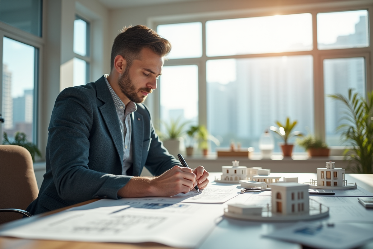 Architecte travaillant dans un bureau avec maquettes et plans