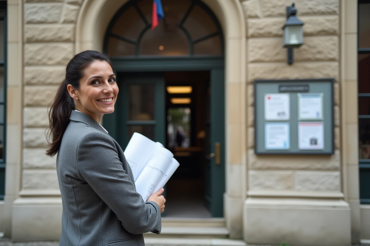 Architecte devant la mairie française consultant l'affichage officiel d'un permis de déclaration préalable de travaux