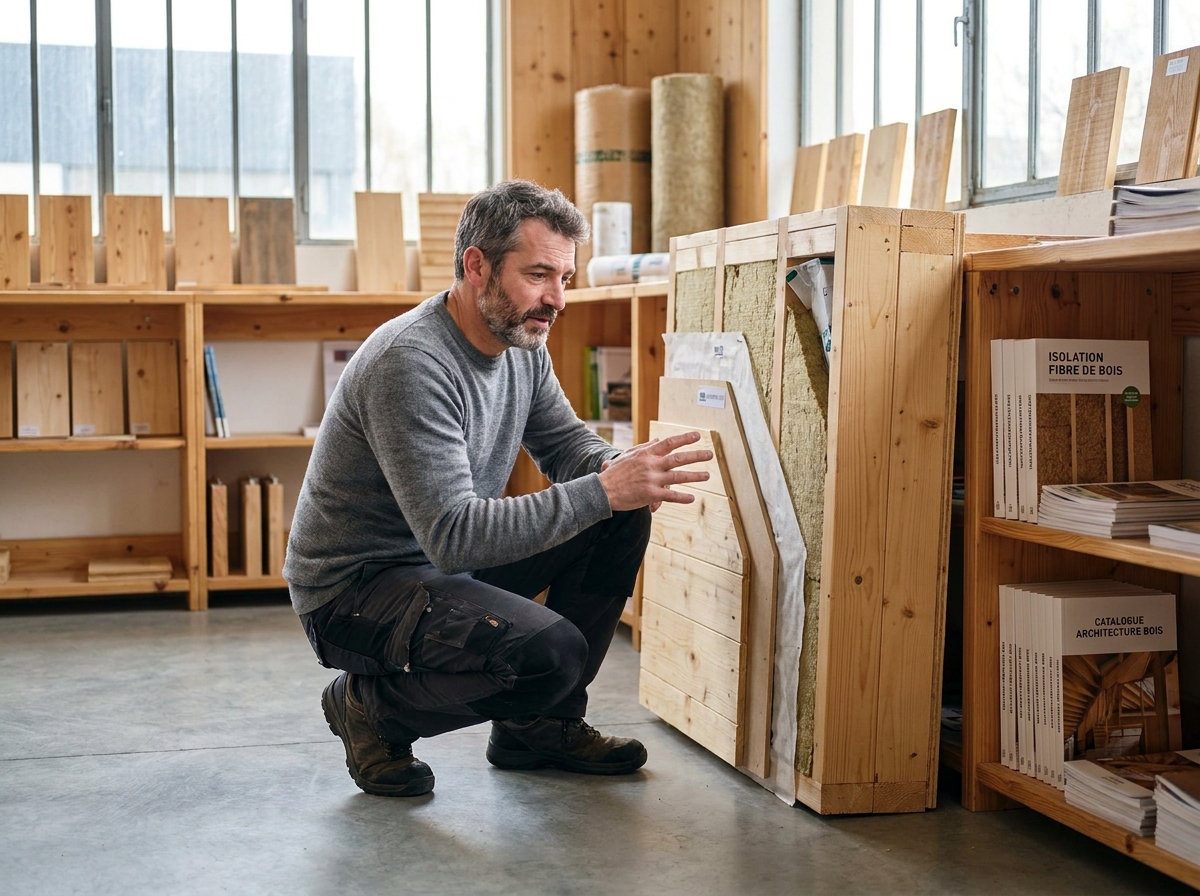 Architecte examinant des panneaux à ossature bois dans un showroom de construction à Nantes