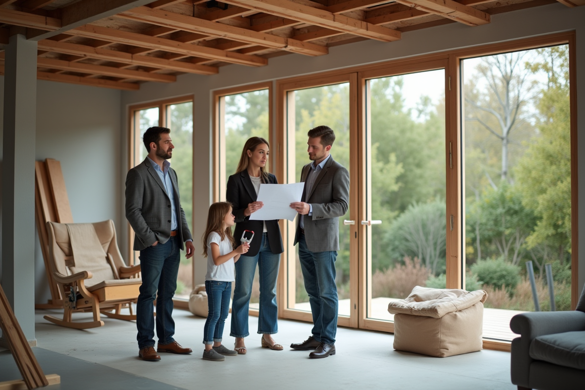 Architecte femme discutant plans avec famille dans maison