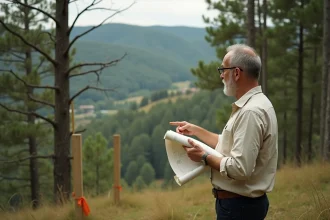 Architecte tenant un plan de construction en zone naturelle boisée, évaluant le terrain pour un permis de construire