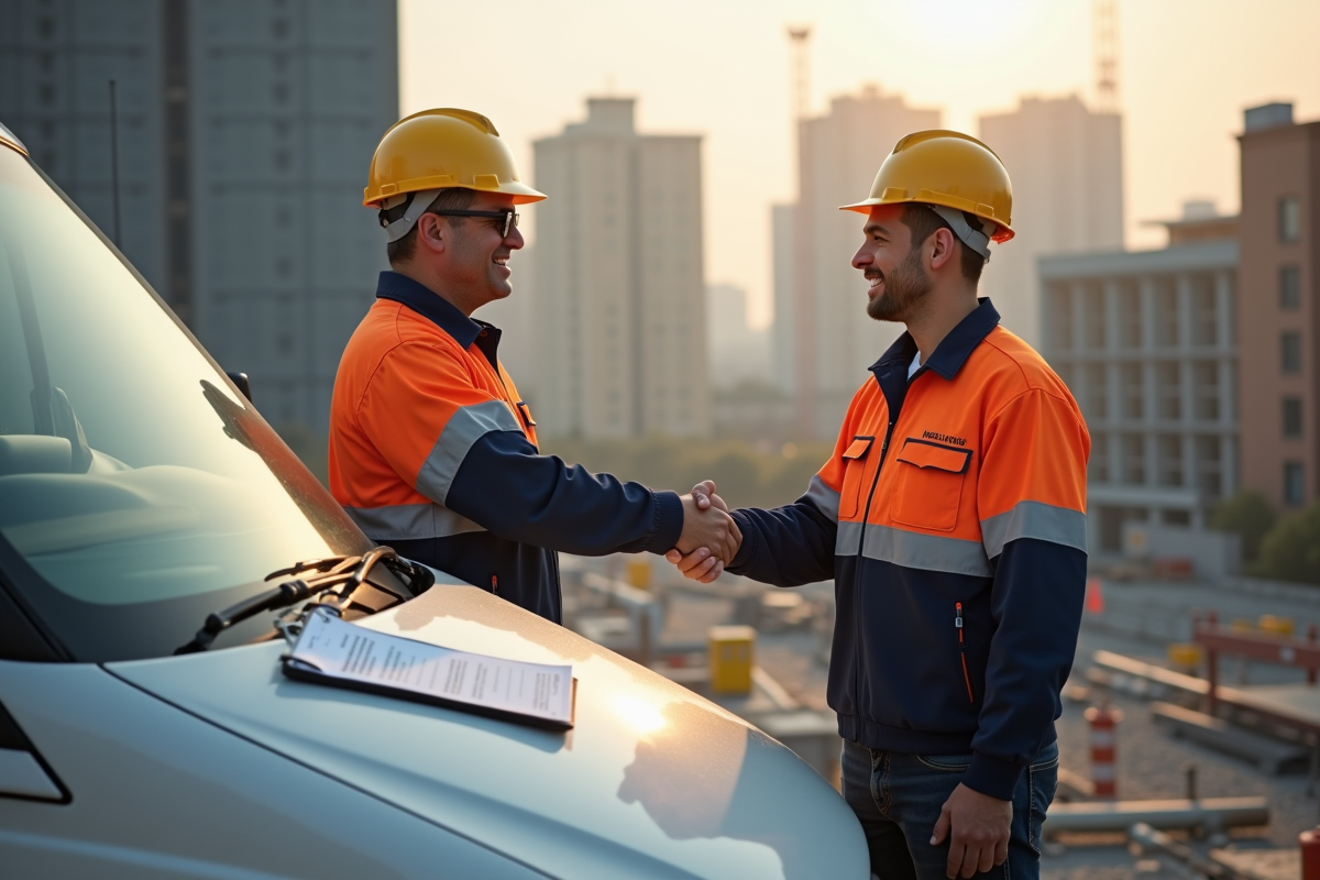 Deux artisans se serrant la main sur un chantier urbain