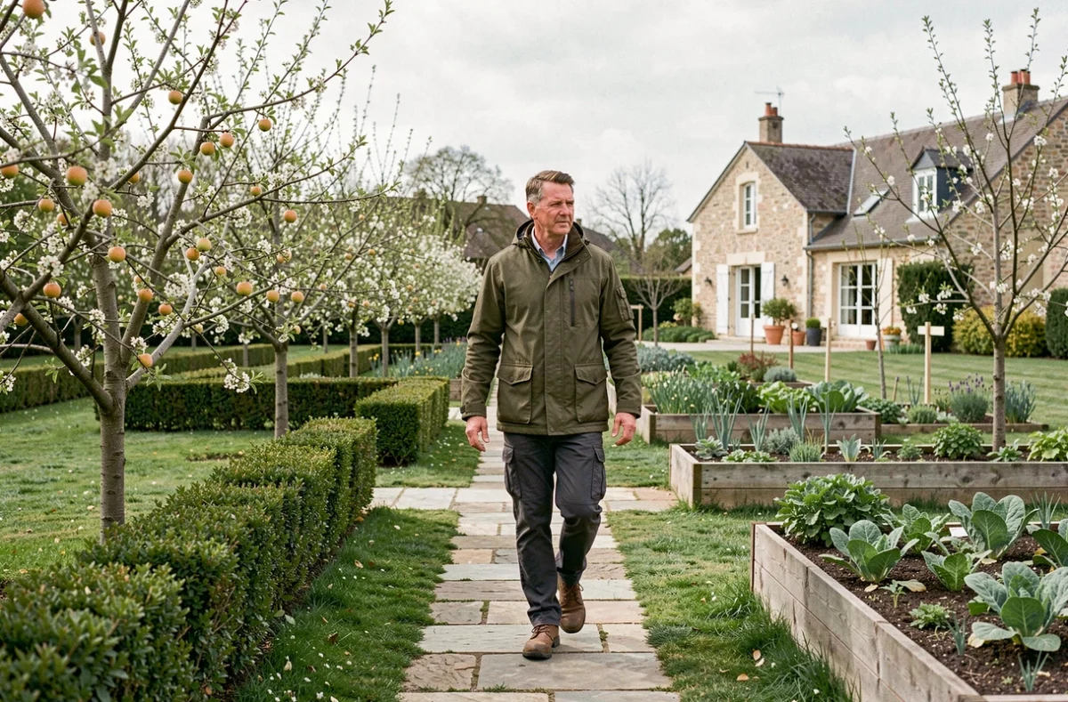 Architecte paysagiste de l'Atelier des Vergers dans un jardin-verger aménagé en fleurs dans la Loire
